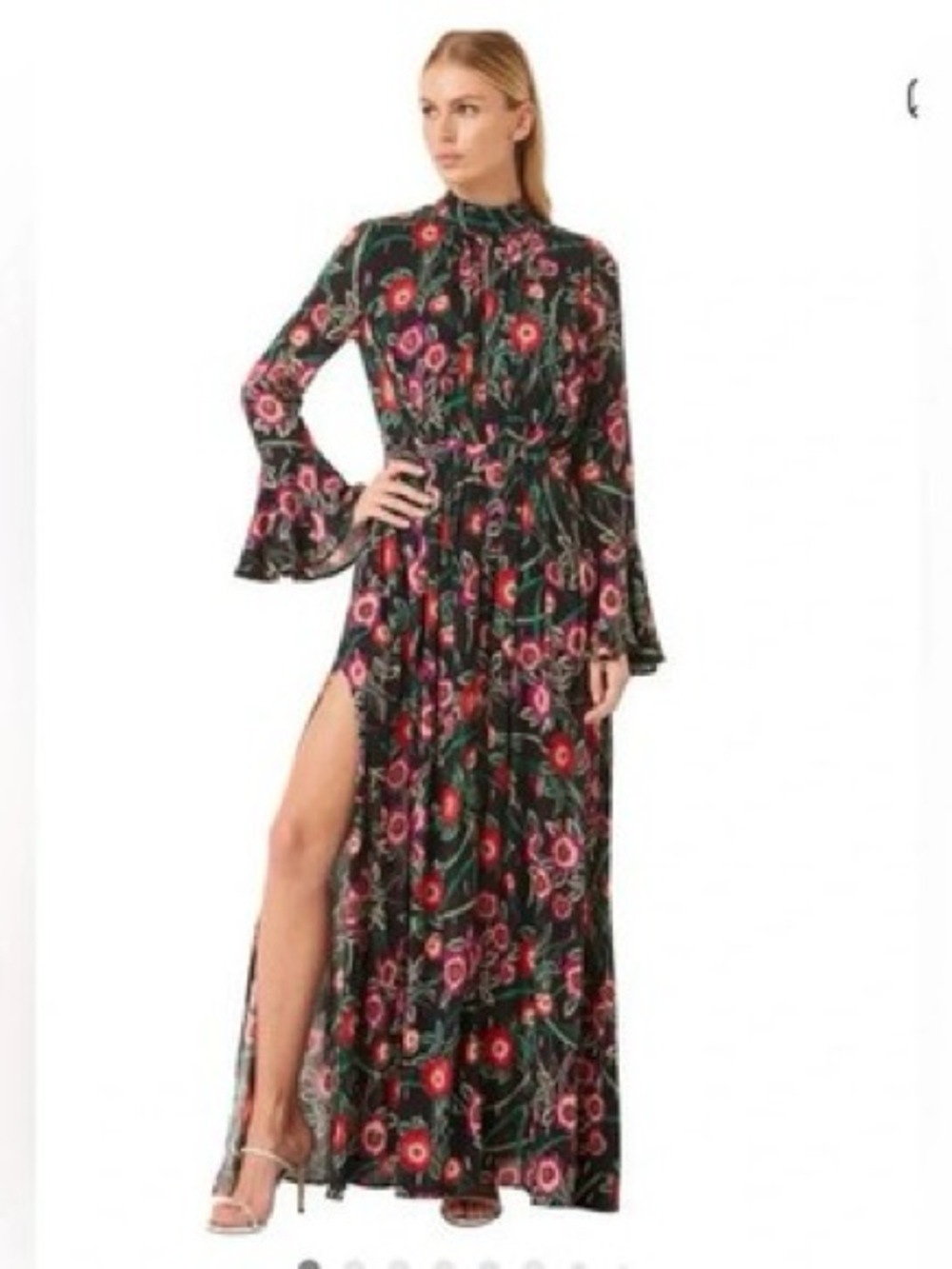 Misa LA Kora High-Neck Long Sleeve Maxi Dress Black Floral Cut Out NWT L